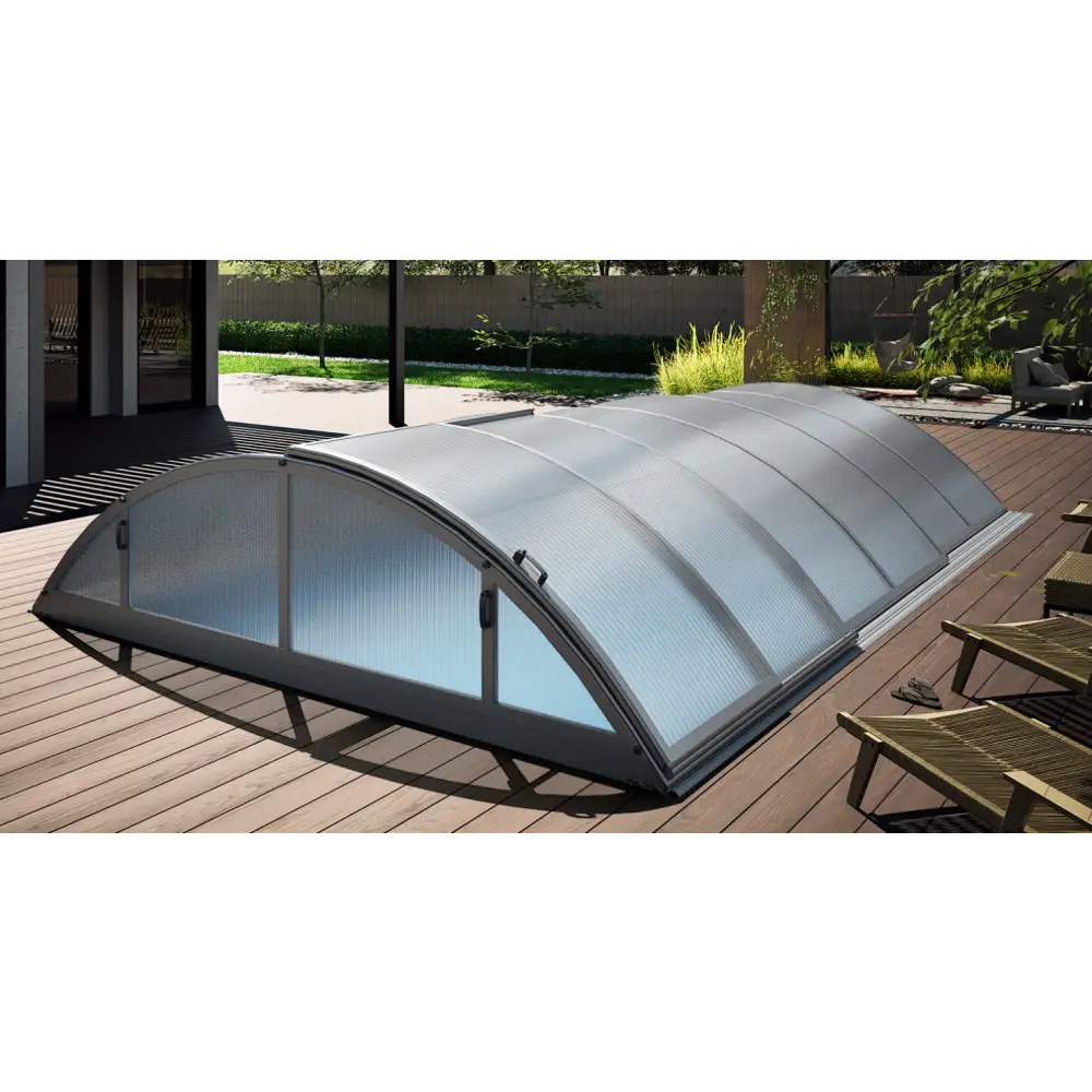 Pooltak Klasik 3×4 med silverram, valvformad täckning och sidoglasdörrar